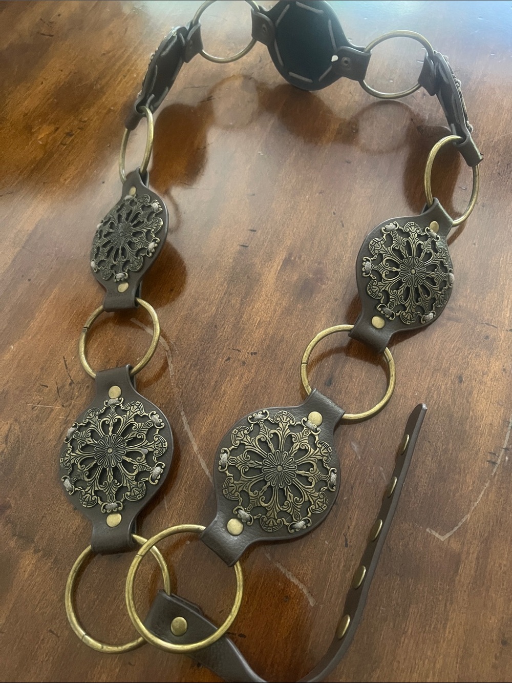 Women's Brown Leather Medallion Belt with Antique Brass Accents